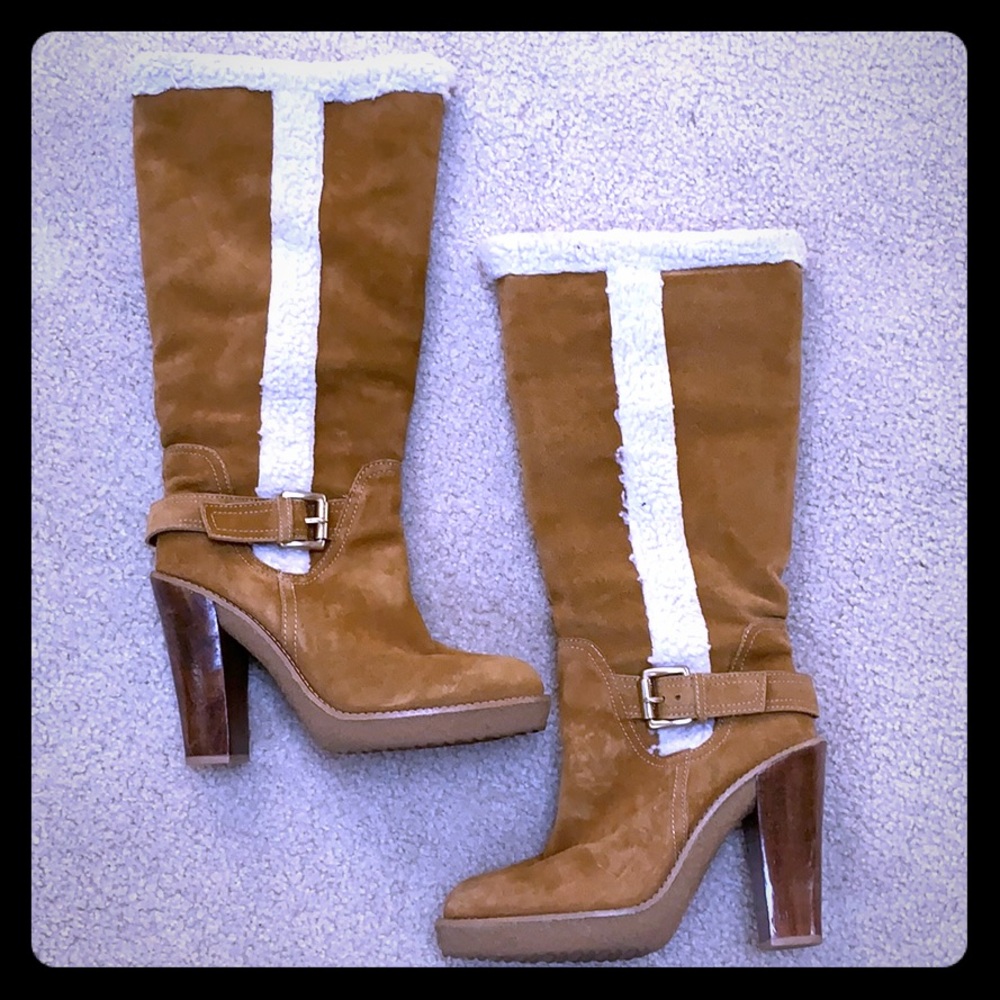 MICHAEL Michael Kors Tan Suede Shearling Trim High Heel Boots
